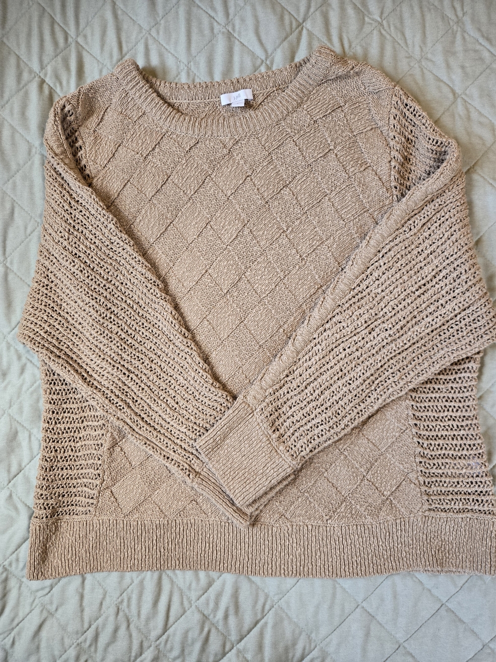 J. Jill Beige Open-Knit Diamond Pattern Crewneck Sweater
